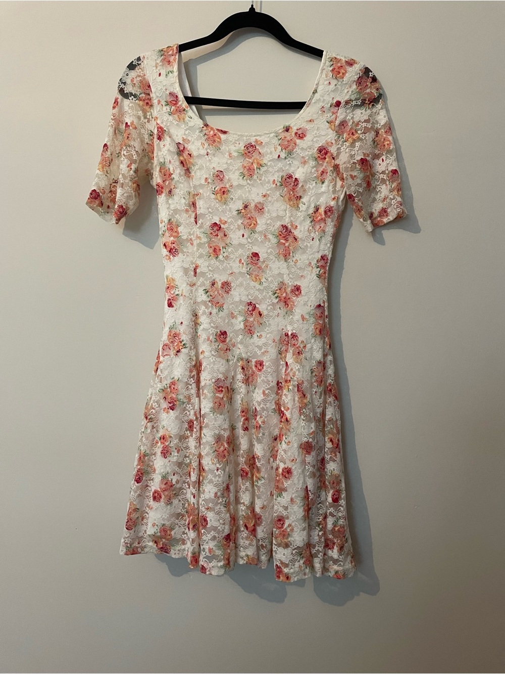 Floral Lace Fit-and-Flare Dress in White with Pink Roses